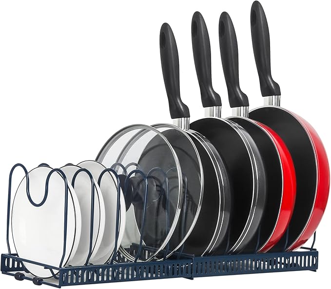 ROOHUA Expandable Pot and Pan Organizer - Cabinet Pot Lid Holder with 10 Adjustable Compartments for Cookware, Baking, Frying (Dark Blue, 10) by ROOHUA