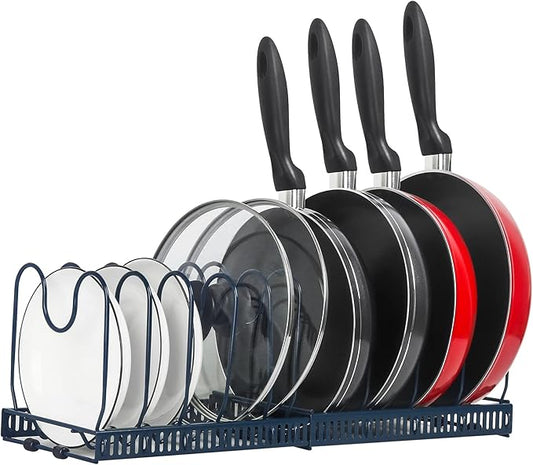 ROOHUA Expandable Pot and Pan Organizer - Cabinet Pot Lid Holder with 10 Adjustable Compartments for Cookware, Baking, Frying (Dark Blue, 10) by ROOHUA