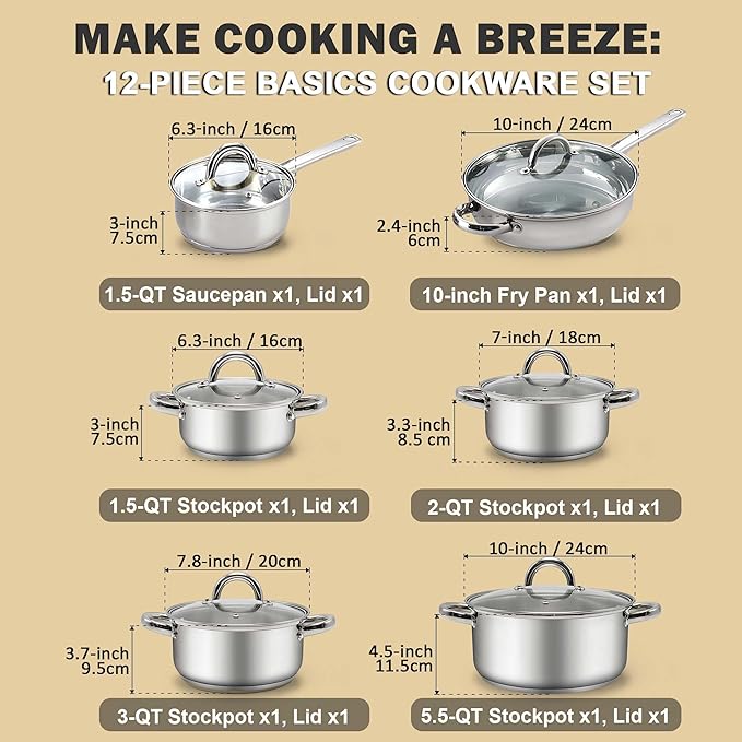 Cook N Home Kitchen Cookware Sets, 12-Piece Basic Stainless Steel Pots and Pans, Silver - Image 2