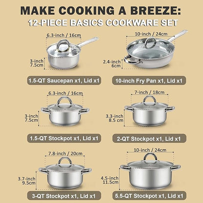 Cook N Home Kitchen Cookware Sets, 12-Piece Basic Stainless Steel Pots and Pans, Silver - Image 2