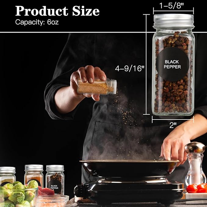 DkOvn 12pcs Glass Spice Jars with Labels, 6oz Empty Spice Jars with Mental Caps, Shaker Lids, Collapsible Funnel, Chalk Pen, Seasoning Organizer for Spice Rack - Image 2