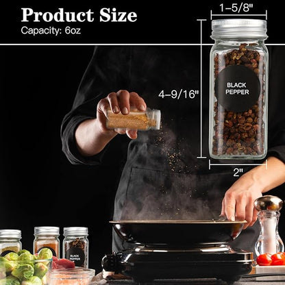 DkOvn 12pcs Glass Spice Jars with Labels, 6oz Empty Spice Jars with Mental Caps, Shaker Lids, Collapsible Funnel, Chalk Pen, Seasoning Organizer for Spice Rack - Image 2
