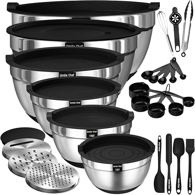 Thickened Heavy-Duty 26pcs Stainless Steel Bowl, Mixing Bowl Set with Lid, Grater Attachment, Non-Slip Bottom and Kitchen Gadget Set, Sizes 7, 4, 2.5, 2.0, 1.5, 1QT, Ideal for Mixing and Serving by UmiteChef