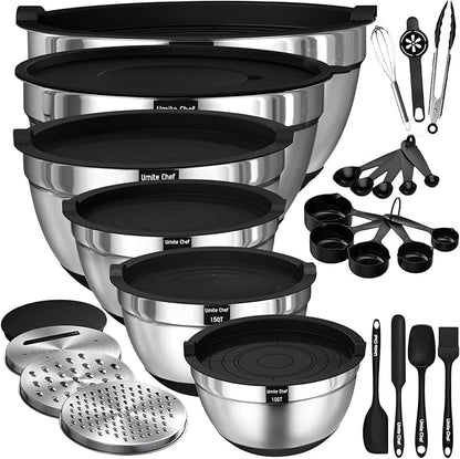 Thickened Heavy-Duty 26pcs Stainless Steel Bowl, Mixing Bowl Set with Lid, Grater Attachment, Non-Slip Bottom and Kitchen Gadget Set, Sizes 7, 4, 2.5, 2.0, 1.5, 1QT, Ideal for Mixing and Serving by UmiteChef