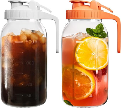 2 Pack Glass Mason Jar Pitcher with Lid, 64 oz (2 Quart) Leakproof Water Pitcher with Handle for Sun Tea, Cold Brew, Milk & Juice, White & Orange by VA1KENE