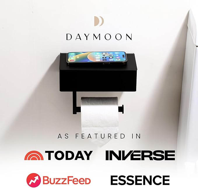 Day Moon™ - Toilet Paper Holder with Shelf - Modern Roll Holder for Bathroom - 1 Pack - Wall Mount - with Storage, Black - Image 4