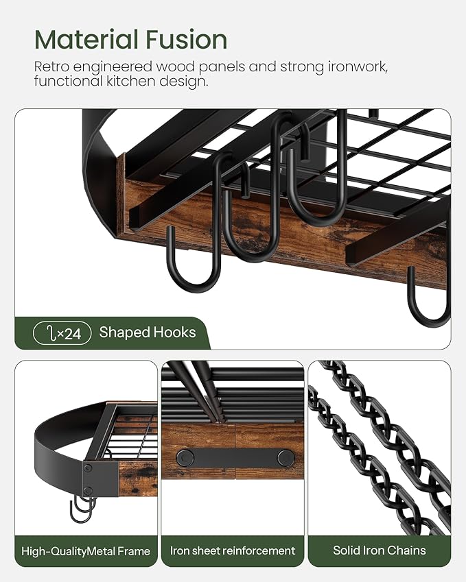 CHOEZON Hanging Pot Rack, Pot Hanger for Kitchen, Ceiling Mounted Pot Holder, Cookware Organizer with 24 S-Shaped Hooks, for Pot, Pan Storage, Space-Saving, Rustic Brown and Black TPR28BF - Image 5