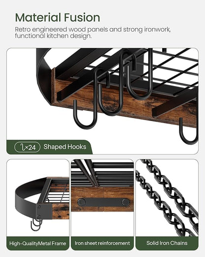 CHOEZON Hanging Pot Rack, Pot Hanger for Kitchen, Ceiling Mounted Pot Holder, Cookware Organizer with 24 S-Shaped Hooks, for Pot, Pan Storage, Space-Saving, Rustic Brown and Black TPR28BF - Image 5