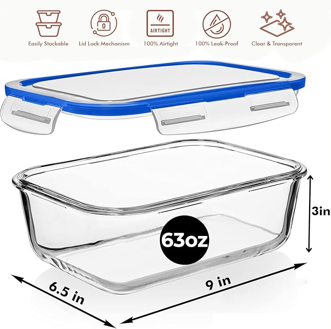 Razab 4 PC 1860ml / 63 Oz / 8 Cups Large Glass Food Storage Containers with Lids - Glass Meal Prep Containers for Roasting & Storing Leftover, Lunch Container with Lids, Microwave & Oven Safe - Image 3