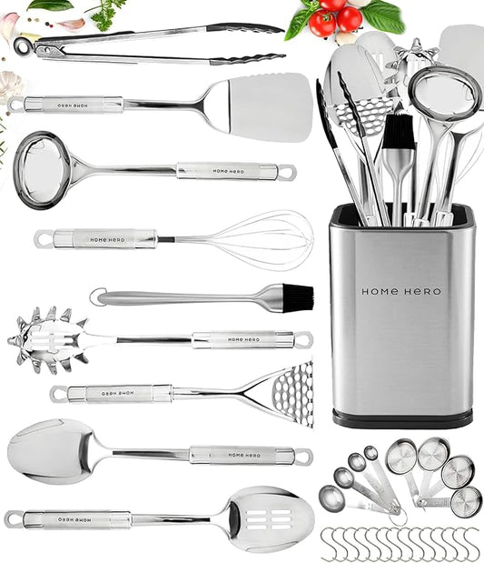 Home Hero 32-Piece Stainless Steel Kitchen Utensil Set - Heat-Resistant Nonstick Silicone Tools - Durable Stainless Steel Cooking Tools - Measuring Cups & Spoons with Holder - 32 Pc, Silver by HomeHero