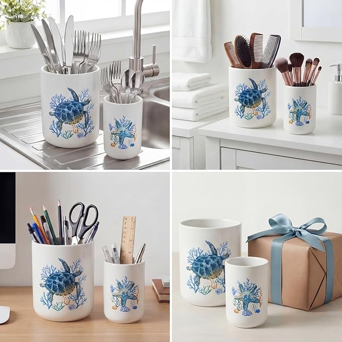 Bokon 2 Pack Ceramic Utensil Holder 6.3" + 5.1" Ocean Theme Coastal Kitchen Crocks for Countertop Storage, Sea Turtle & Starfish Design, Decorative Utensil Organizer for Beach House Decor