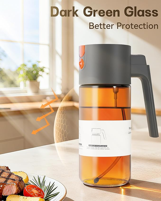 OURCABECUE Upgrade 2 in 1 Oil Sprayer for Cooking, 17oz Light-Blocking Glass Olive Oil Dispenser Bottle for Kitchen,Food-Grade Oil Mister with 8 Stickers for Salad, Frying (Grey) - Image 5