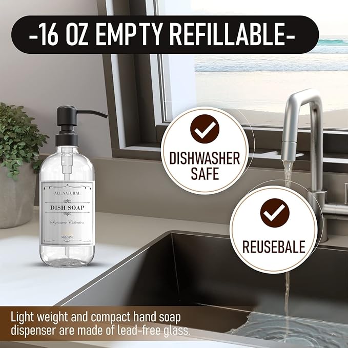 Sunrise Premium 2 Pack Clear Glass Soap Dispenser 16 OZ with Matte Black Stainless Steel Pump, Hand and Dish Soap Dispenser Set for Bathroom and Kitchen Sink with 6 Waterproof Labels - Image 2
