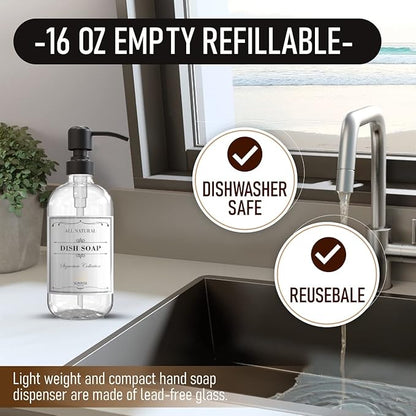 Sunrise Premium 2 Pack Clear Glass Soap Dispenser 16 OZ with Matte Black Stainless Steel Pump, Hand and Dish Soap Dispenser Set for Bathroom and Kitchen Sink with 6 Waterproof Labels - Image 2