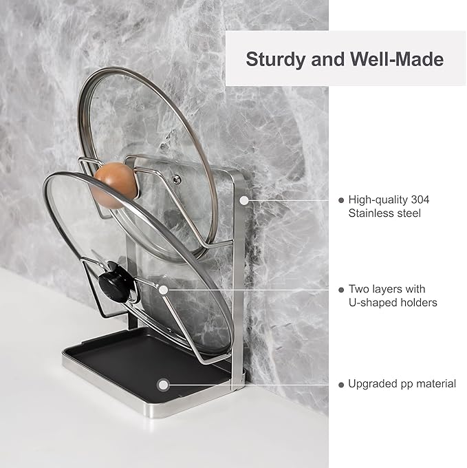 304 Stainless Steel Pot Lid Holder While Cooking, Kitchen Pot Lid Storage Rack for stove top, Multifunctional Kitchen Pot Lid Organizer for Countertop（Silver） - Image 3