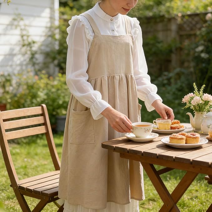 Uaussi Cotton Linen Apron Cross Back Work Apron for Women with Pockets Pinafore Dress X Cross Halter Apron for Chef Gardening - Image 4