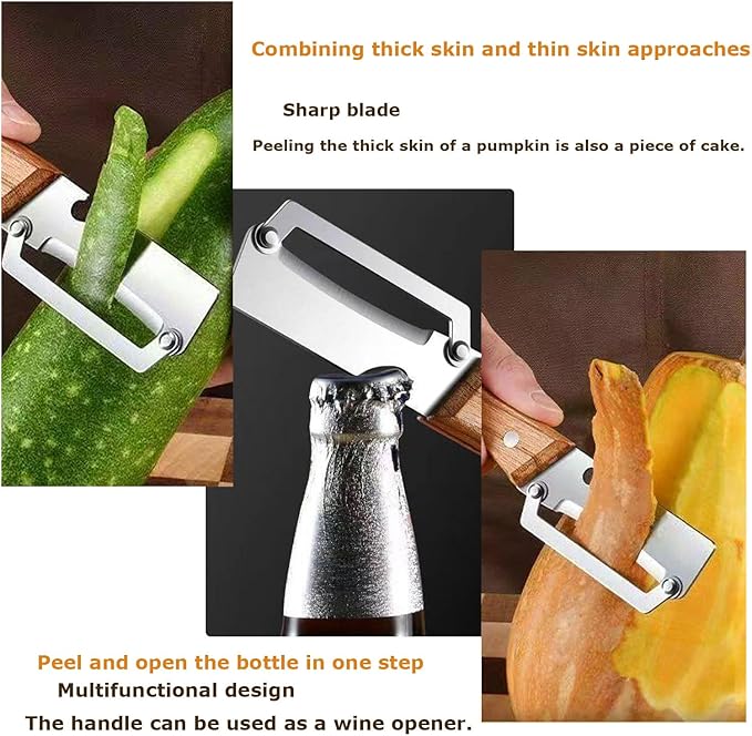 Multifunctional Vegetable Peeler,Zero Flex Peeler with Wooden Handle and Bottle Opener,Stainless Steel Kitchen Tool Suitable for All Kinds Of Vegetables and Fruits(2 PCS) - Image 4