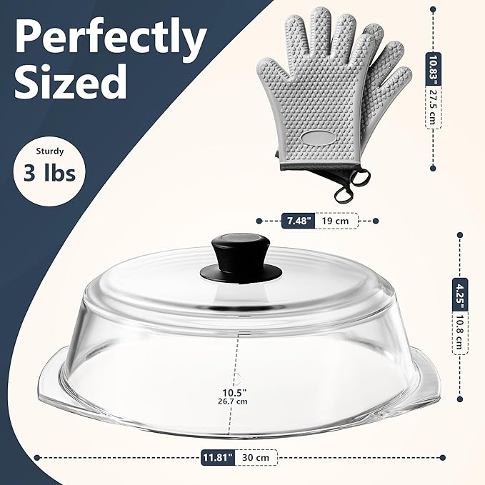 Glass Microwave Splatter Cover for Food Plates & Cookware with Oven Mitts, Borosilicate Glass Splatter Lid Guard with Vent Hole & Easy Grip Silicone Handle, 100% BPA Free & Dishwasher Safe