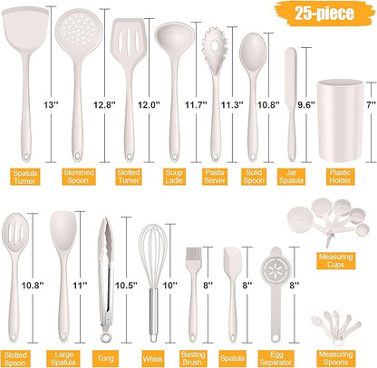 E-far Silicone Cooking Utensils Set, 25 Piece Kitchen Utensils with Holder, Non Toxic Kitchen Tools Spatula, Turner, Spoon, Ladle, Heat Resistant & Dishwasher Safe - Khaki