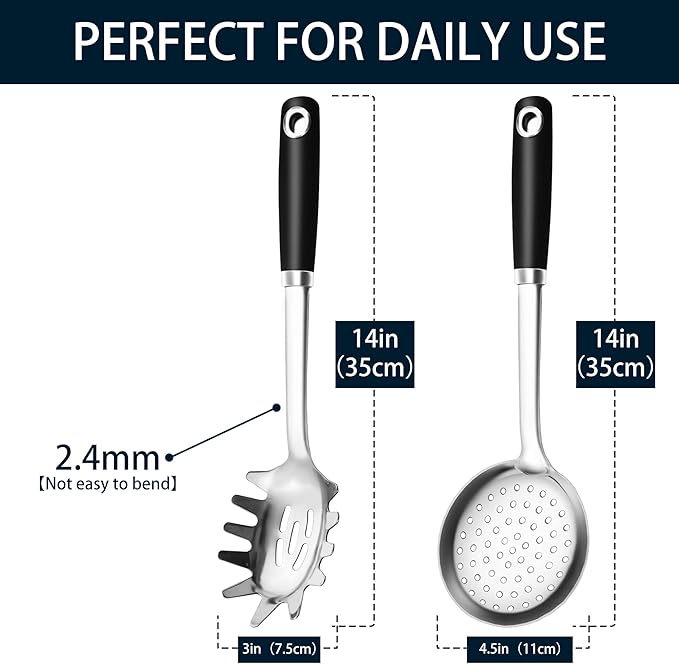 18/0 Stainless Steel Spaghetti Spoon & Slotted Spoon for Cooking, Heavy Duty Frying Spoon Pasta Strainer Skimmer, Cooking Utensils Commercial and Residential Use, Pack of 2 - Image 2