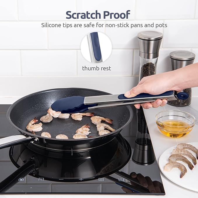 600ºF Heat Resistant Kitchen Tongs: U-Taste 12 inch Large Silicone Cooking Tong with Non Stick Rubber Tips & Silicon Coated 18/8 Stainless Steel Handle & Smooth Lock for Serving Grill (Midnight Blue) - Image 9