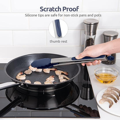 600ºF Heat Resistant Kitchen Tongs: U-Taste 12 inch Large Silicone Cooking Tong with Non Stick Rubber Tips & Silicon Coated 18/8 Stainless Steel Handle & Smooth Lock for Serving Grill (Midnight Blue) - Image 9