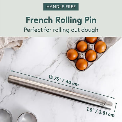 Ultra Cuisine French Rolling Pin for Baking – Use with Pizza, Cookie, and Pastry Dough, Fondant and Pie Crust – Tapered Design Bread Roller Pin, Stainless Steel 15.75-inch Large Roller Pin - Image 3