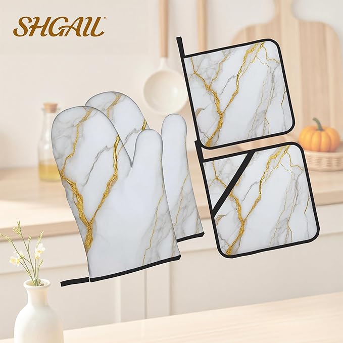 White Gold Marble Oven Mitts and Heat Resistant Pads - Heat Resistant Gloves Potholder Set of 4 for Cooking, BBQ, Gifts for Women