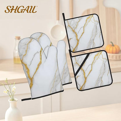 White Gold Marble Oven Mitts and Heat Resistant Pads - Heat Resistant Gloves Potholder Set of 4 for Cooking, BBQ, Gifts for Women
