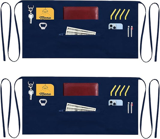 7 Pockets Server Aprons with Zipper Pocket (2 Pack) - Aprons for Women Men - Waiter Waitress Waist Half Apron 24x12