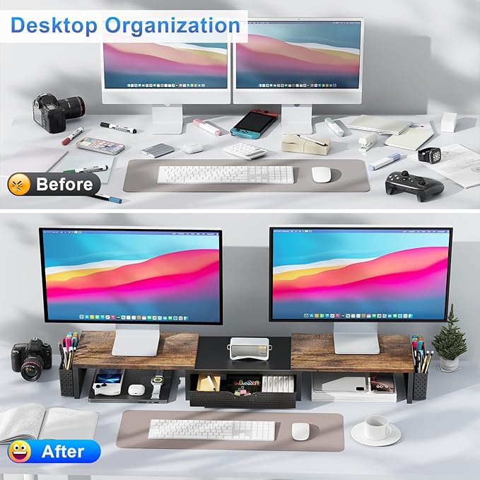 gianotter Dual Monitor Stand Riser, Desk Organizer With Drawer and 2 Pen Holders,Computer Monitor Stand, Desk Shelf for Top of Desk, Wood - Image 2