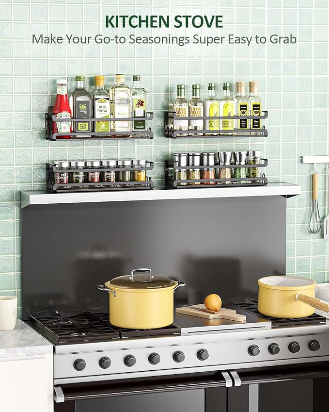 Doakhirmit Wall Mounted Spice Rack with 16 Hooks, Rustic Wood Spice Organizer Shelf for Stove Cabinet Pantry Door,Screw or Adhesive Hanging Spice Shelf,Wall Spice Rack in Kitchen and RV,2 Pack - Image 4
