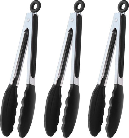 HINMAY Serving Tongs 9-Inch Cooking Tongs with Silicone Tips, Set of 3 (Black) by HINMAY
