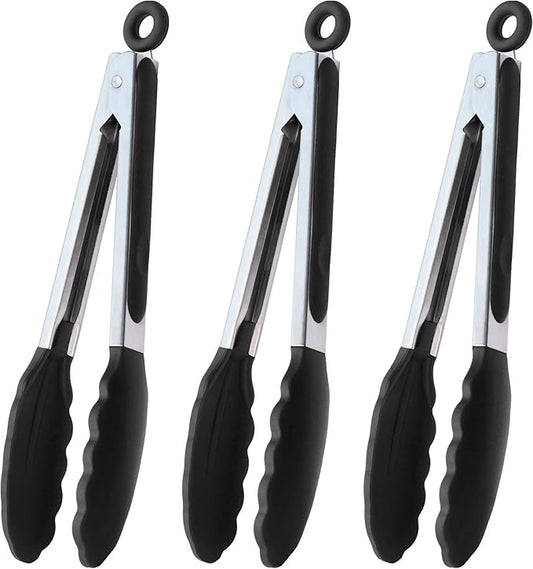 HINMAY Serving Tongs 9-Inch Cooking Tongs with Silicone Tips, Set of 3 (Black) by HINMAY