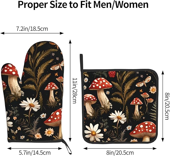 Mushroom Oven Mitt Pot Holder Set Vintage Floral BBQ Cooking Gloves with Loop Baking Grilling Kitchen Gifts for Spring Summer - Image 3
