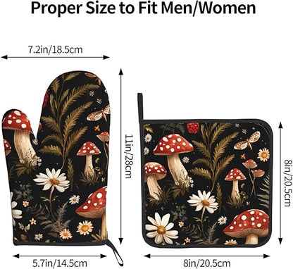 Mushroom Oven Mitt Pot Holder Set Vintage Floral BBQ Cooking Gloves with Loop Baking Grilling Kitchen Gifts for Spring Summer - Image 3