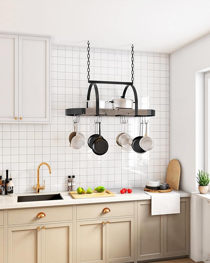 CHOEZON Hanging Pot Rack, Pot Hanger for Kitchen, Ceiling Mounted Pot Holder, Cookware Organizer with 12 S-Shaped Hooks, for Pot, Pan Storage, Space-Saving, Greige and Black TPR08BGC1 - Image 3