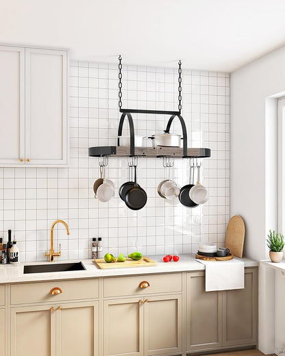 CHOEZON Hanging Pot Rack, Pot Hanger for Kitchen, Ceiling Mounted Pot Holder, Cookware Organizer with 12 S-Shaped Hooks, for Pot, Pan Storage, Space-Saving, Greige and Black TPR08BGC1 - Image 3