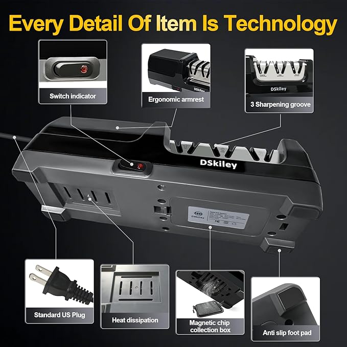 Electric Knife Sharpener for Kitchen – Professional 3-Stage 100% Diamond System with 20° Precision Angle, Fast Sharpening to Restore & Polish Chef Knives(Black) - Image 8