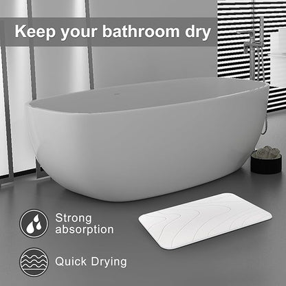 JUERLEN 2 Pack Diatomaceous Earth Shower Mat, Stone Bath Mat, Nonslip Super Absorbent Fast-Drying Hard Bath Mat for Bathroom Shower Floor, 24 x 16 inch, White Wave Design