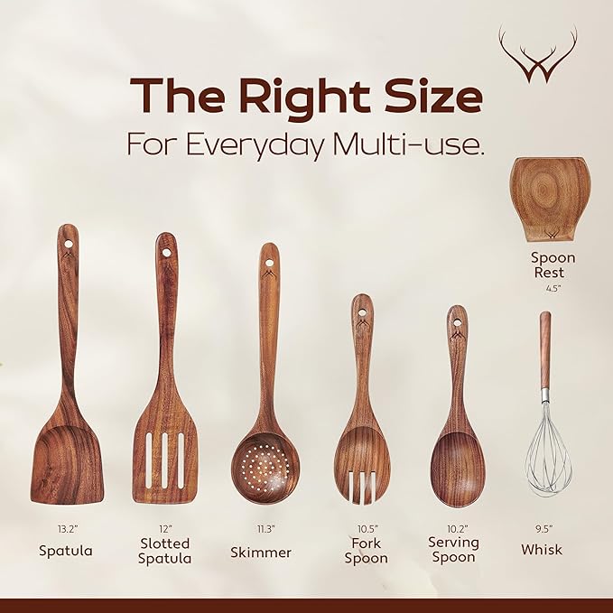 7 Pcs Teak Wooden Kitchen Utensils – Handcrafted Wooden Cooking Utensils Set with Holder, Elegant Wooden Spoons for Cooking & Timeless Utensil Set for Daily Use - Teak Utensils Set for Cooking - Image 3