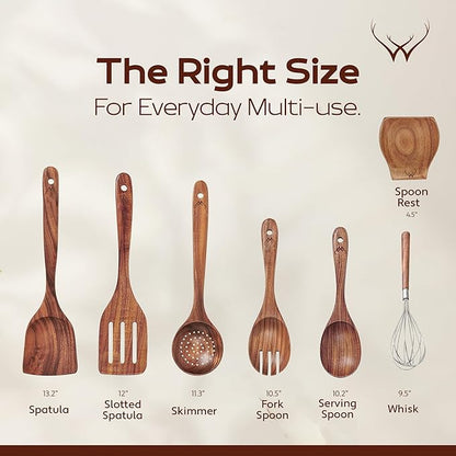 7 Pcs Teak Wooden Kitchen Utensils – Handcrafted Wooden Cooking Utensils Set with Holder, Elegant Wooden Spoons for Cooking & Timeless Utensil Set for Daily Use - Teak Utensils Set for Cooking - Image 3