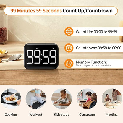 VOCOO Magnetic Kitchen Timer for Cooking with Count Up Countdown, Digital Timer Battery Powered with Large Display, 2 Brightness and Volume Levels for Classroom, Teacher, Kids - Image 3