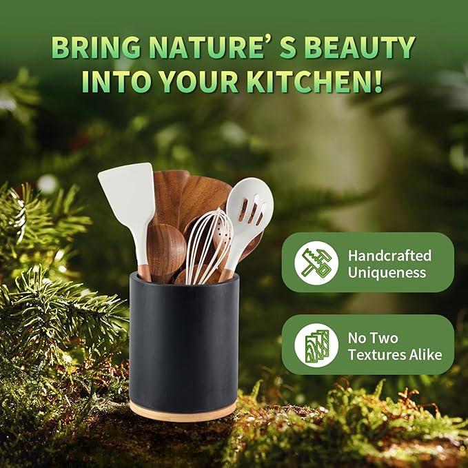 Wooden Utensil Holder, 360°Rotating 7.3'' Large Utensil Holder for Kitchen Counter, Kitchen Utensil Organizer, Utensil Crock, Farmhouse Kitchens Countertop Decor, Black Color - Image 7