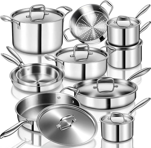 EWFEN Stainless Steel Cookware Set, 3 Ply 17 Piece Stainless Steel Pot and Pan Set, Oven Dishwasher Safe | Induction Compatible Frying Pans, Saucepans, Saute Pan & Stock Pot, PFOA, PTFE & PFOS Free by EWFEN