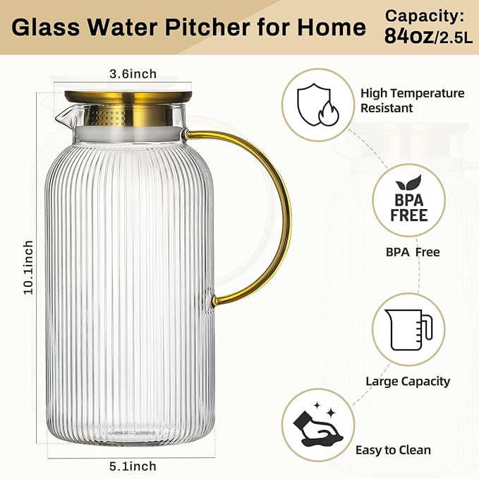 Buaic 2 PACK Glass Pitcher with Lid, 84oz/2.5L Liter Classic Vertical Stripes Water Pitcher,Glass Water Carafe for Cold Brew, Coffee, Lemonade, Iced Tea,Sun Tea, Beverage, Heat Resistant