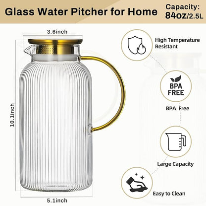 Buaic 2 PACK Glass Pitcher with Lid, 84oz/2.5L Liter Classic Vertical Stripes Water Pitcher,Glass Water Carafe for Cold Brew, Coffee, Lemonade, Iced Tea,Sun Tea, Beverage, Heat Resistant