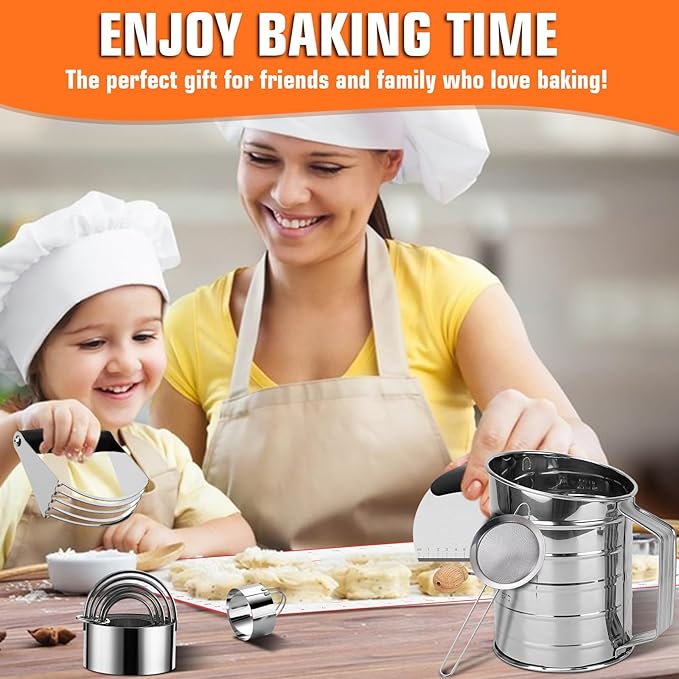 Biscuit Cutter Set,10PCS Stainless Steel Pastry Blender Set with Pastry Cutter,5PCS Biscuit Cutter,Dough Cutter,3 Cup Flour Sifter,Baking Mat and Fine Mesh Strainer for Cooking Cookies and Donuts - Image 9