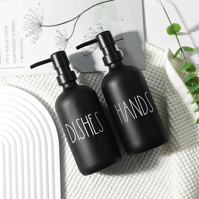VIMERPA Hand and Dish Soap Dispenser Set, Matte Black Hands Dishes Soap Dispenser Set for Kitchen, 2 Pack Glass Soap Dispensers Set with Plastic Pump, 17 Fl Oz Refillable Liquid Soap Bottles - Image 6