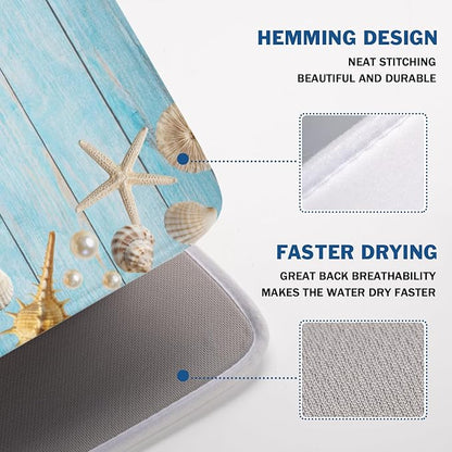 Summer Coastal Dish Drying Mat for Kitchen Counter Seashell Starfish Blue Wooden Board Microfiber Dish Drainer Mat Ocean Nautical Absorbent Washable Drying Pad Extra Large 18"x24"